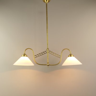 Art Deco 2-Arm Brass Pendant Lamp, Vienna, 1920s-KDB-1791556