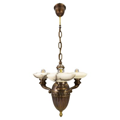 Art Deco Alabaster and Brass 3-Light Chandelier, 1930s-KEG-1738260