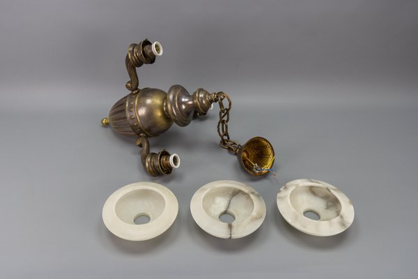 Art Deco Alabaster and Brass 3-Light Chandelier, 1930s-KEG-1738260