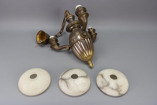 Art Deco Alabaster and Brass 3-Light Chandelier, 1930s-KEG-1738260