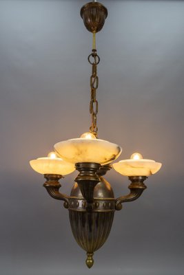 Art Deco Alabaster and Brass 3-Light Chandelier, 1930s-KEG-1738260