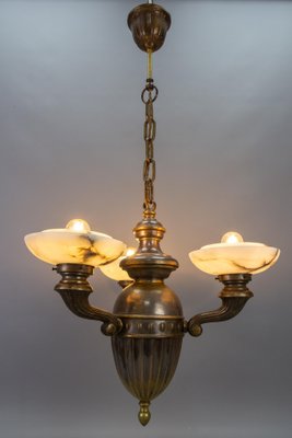 Art Deco Alabaster and Brass 3-Light Chandelier, 1930s-KEG-1738260