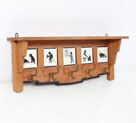 Art Deco Amsterdamse School Oak Coat Rack with Tiles, 1920s-MY-1703798