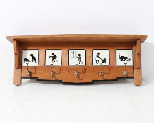 Art Deco Amsterdamse School Oak Coat Rack with Tiles, 1920s-MY-1703798