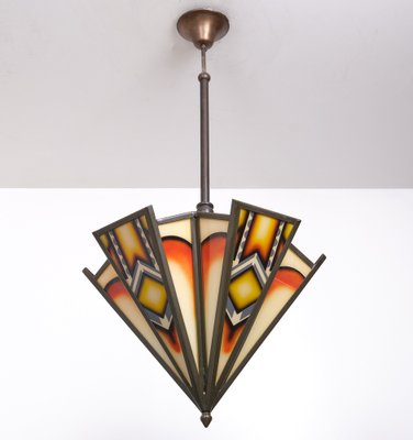 Art Deco Amsterdamse School Stained Glass Hanging Light, 1980s-GCG-1819850