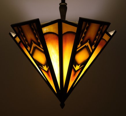 Art Deco Amsterdamse School Stained Glass Hanging Light, 1980s-GCG-1819850