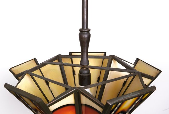 Art Deco Amsterdamse School Stained Glass Hanging Light, 1980s-GCG-1819850