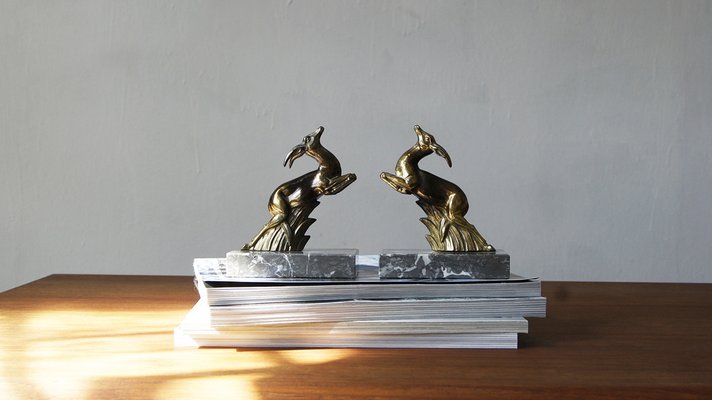 Art Deco Antelope Bookends on Marble Bases, France, 1930s, Set of 2-UMB-1385988