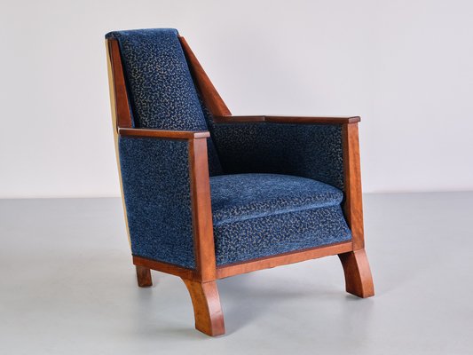 Art Deco Armchair in Blue Velvet and Maple, Northern France, 1920s-FMT-1762974