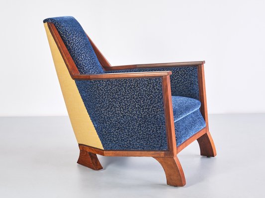 Art Deco Armchair in Blue Velvet and Maple, Northern France, 1920s-FMT-1762974