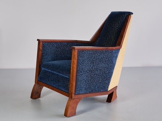 Art Deco Armchair in Blue Velvet and Maple, Northern France, 1920s-FMT-1762974