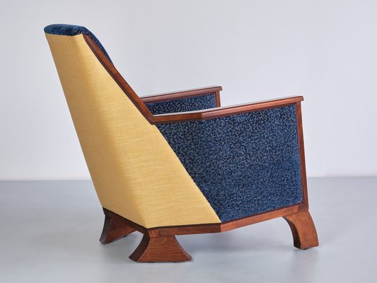 Art Deco Armchair in Blue Velvet and Maple, Northern France, 1920s-FMT-1762974