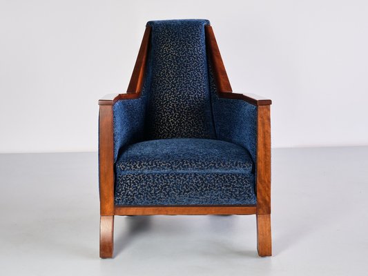 Art Deco Armchair in Blue Velvet and Maple, Northern France, 1920s-FMT-1762974