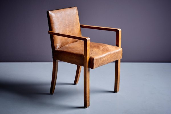 Art Deco Armchair in Brown Faux Leather attributed to Francis Jourdain, 1940s-SFD-1791930