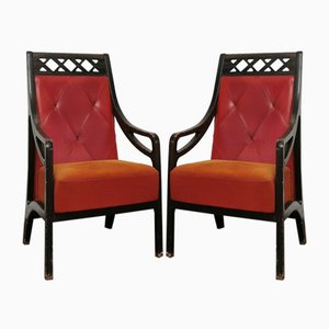 Art Déco Armchair in Wood, Velvet and Brass, Italy, 1930s, Set of 10-ZST-1419445