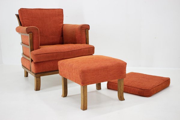 Art Deco Armchair with Ottoman, Former Czechoslovakia, 1930s, Set of 2-TZ-1702330