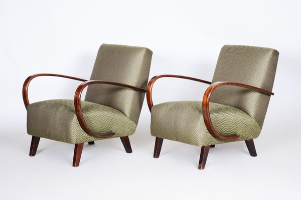 Art Deco Armchairs in Beech and Green Fabric attributed to Jindřich Halabala for Up Závody, Former Former Czechoslovakiaoslovakia, 1930s, Set of 2-WHY-1768688