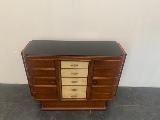 Art Deco Bar Cabinet in Rosewood and Parchment with Top in Black Glass-IJR-997864