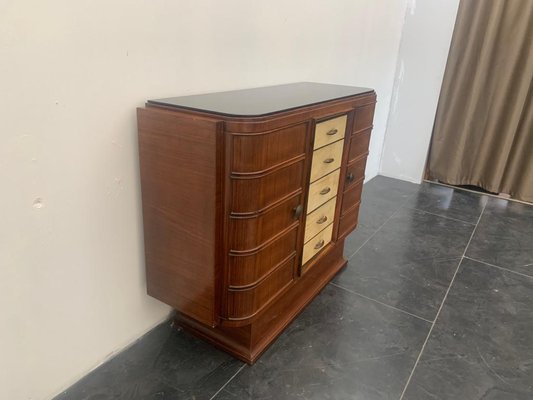 Art Deco Bar Cabinet in Rosewood and Parchment with Top in Black Glass-IJR-997864