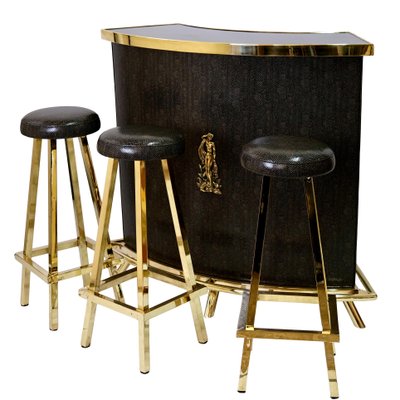 Art Deco Bar Set with Counter and Stools in Brass and Covered in Snake Look, 1950s, Set of 4-CXC-1295930