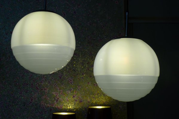 Art Deco Bauhaus Ball Ceiling Lamps in Satinized & Stepped Glass, 1940s, Set of 2-VRE-762423