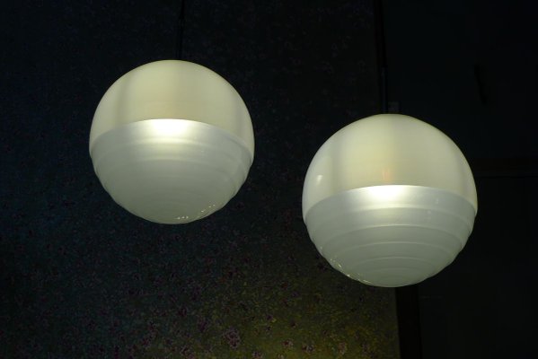 Art Deco Bauhaus Ball Ceiling Lamps in Satinized & Stepped Glass, 1940s, Set of 2-VRE-762423