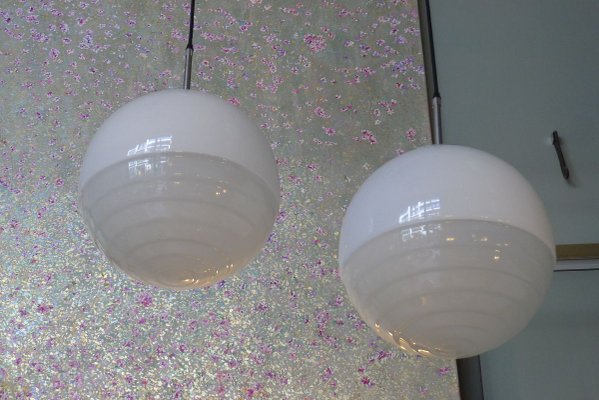 Art Deco Bauhaus Ball Ceiling Lamps in Satinized & Stepped Glass, 1940s, Set of 2-VRE-762423