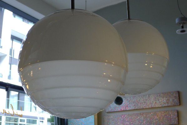 Art Deco Bauhaus Ball Ceiling Lamps in Satinized & Stepped Glass, 1940s, Set of 2-VRE-762423