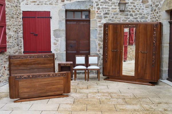 Art Deco Bedroom Set in Walnut Carved with Flowers, 1920s, Set of 5-XNH-1017659