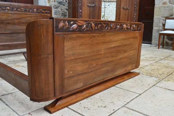 Art Deco Bedroom Set in Walnut Carved with Flowers, 1920s, Set of 5-XNH-1017659