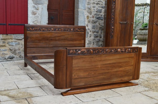 Art Deco Bedroom Set in Walnut Carved with Flowers, 1920s, Set of 5-XNH-1017659