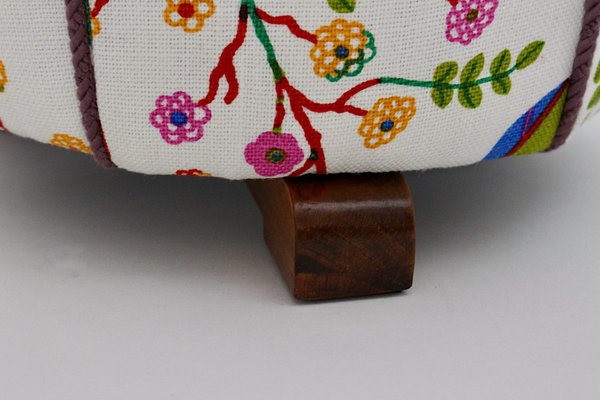 Art Deco Beech Pouf with Josef Frank Fabric, Vienna, 1930s-NB-1346019