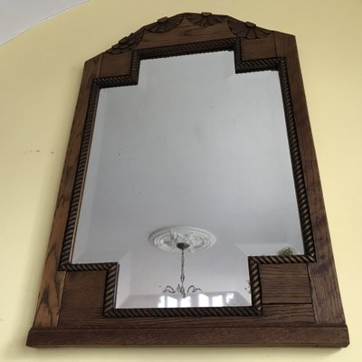 Art Deco Bevelled Crystal Mirror with Wooden Oak Frame, 1920s-WQQ-1306236