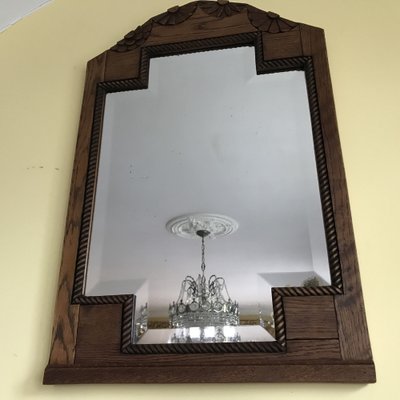 Art Deco Bevelled Crystal Mirror with Wooden Oak Frame, 1920s-WQQ-1306236