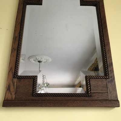 Art Deco Bevelled Crystal Mirror with Wooden Oak Frame, 1920s-WQQ-1306236