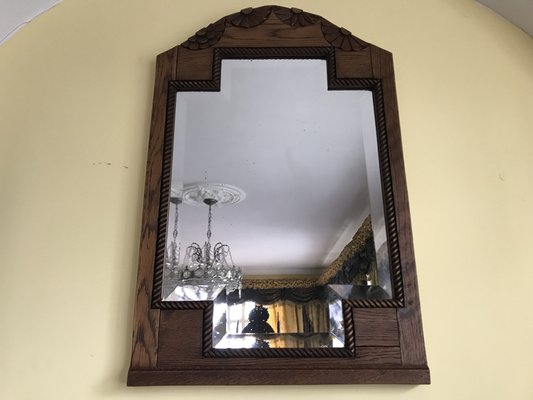 Art Deco Bevelled Crystal Mirror with Wooden Oak Frame, 1920s-WQQ-1306236