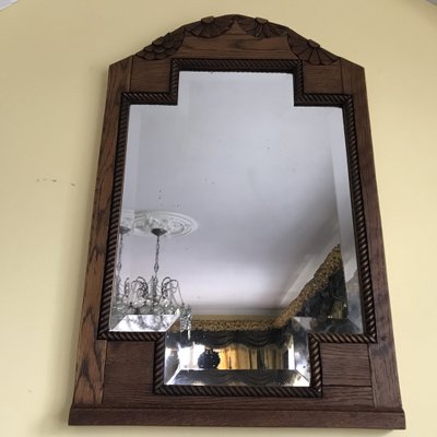 Art Deco Bevelled Crystal Mirror with Wooden Oak Frame, 1920s-WQQ-1306236