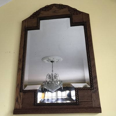 Art Deco Bevelled Crystal Mirror with Wooden Oak Frame, 1920s-WQQ-1306236