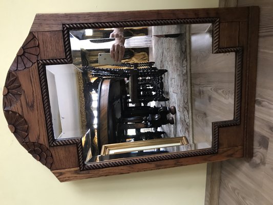 Art Deco Bevelled Crystal Mirror with Wooden Oak Frame, 1920s-WQQ-1306236