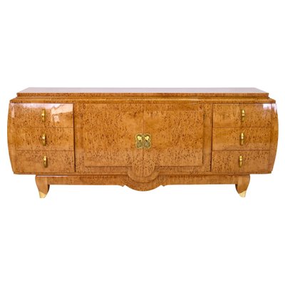 Art Deco Birch Burl Wood Curved Hand Polished Sideboard with Brass Fittings, 1930s-CXC-1368778