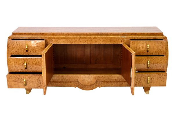 Art Deco Birch Burl Wood Curved Hand Polished Sideboard with Brass Fittings, 1930s-CXC-1368778