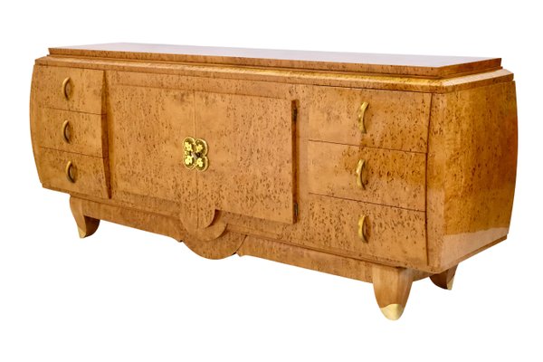 Art Deco Birch Burl Wood Curved Hand Polished Sideboard with Brass Fittings, 1930s-CXC-1368778