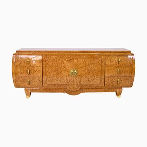 Art Deco Birch Burl Wood Curved Hand Polished Sideboard with Brass Fittings, 1930s-CXC-1368778