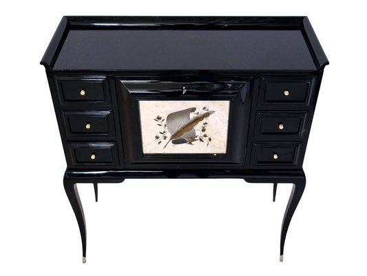 Art Deco Black Lacquer Secretaire with Etched Mirror-CXC-1752731