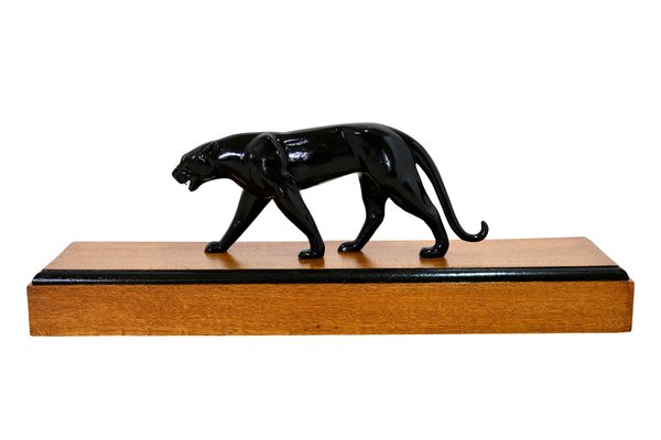 Art Deco Black Panther Sculpture on a Wooden Base, France, 1930s-CXC-1755730