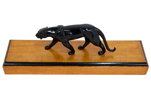 Art Deco Black Panther Sculpture on a Wooden Base, France, 1930s-CXC-1755730