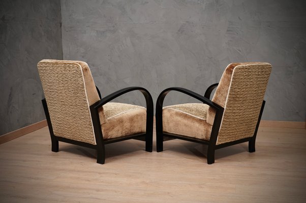 Art Deco Black Shellac & Brown Velvet Italian Armchairs, 1940, Set of 2-UH-1215602