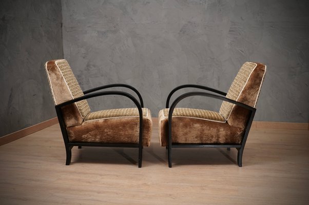 Art Deco Black Shellac & Brown Velvet Italian Armchairs, 1940, Set of 2-UH-1215602