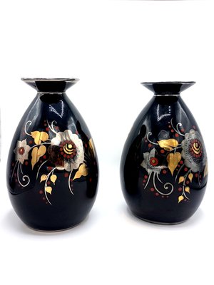 Art Deco Black, Silver, Red & Gold Ceramic Vases by Charles Catteau for Boch Frères, 1933, Set of 2-PCJ-736005