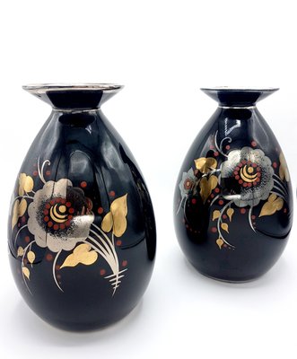 Art Deco Black, Silver, Red & Gold Ceramic Vases by Charles Catteau for Boch Frères, 1933, Set of 2-PCJ-736005